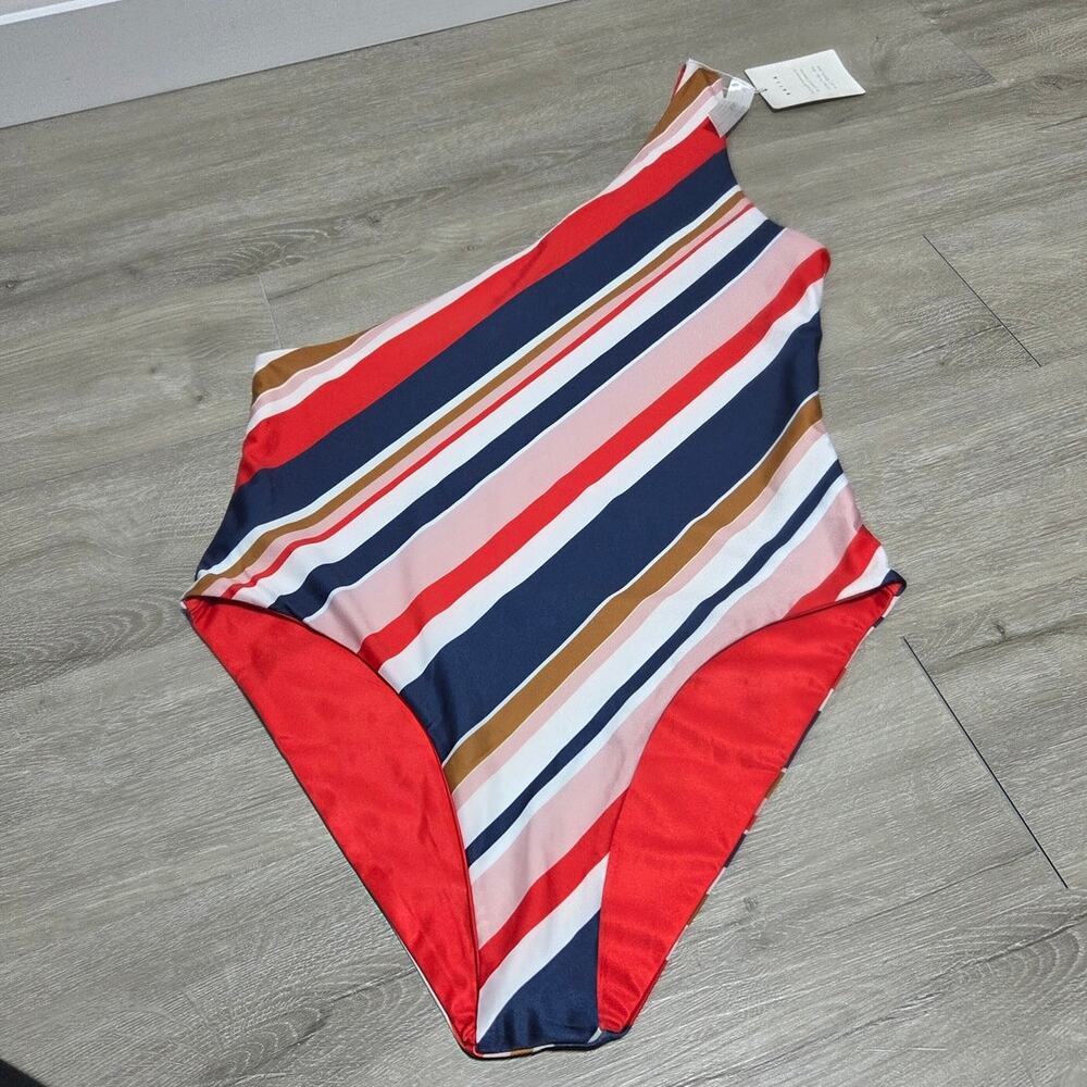 Baiia One Shoulder Striped Reversable One Piece Swimsuit Size 16 NWT